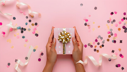 Obraz na płótnie Canvas Womans hands holding gift or present box decorated confetti on pink pastel table top view. Flat lay composition for ,happy mother's day, birthday or wedding ,happy mother's day, Ai generated 