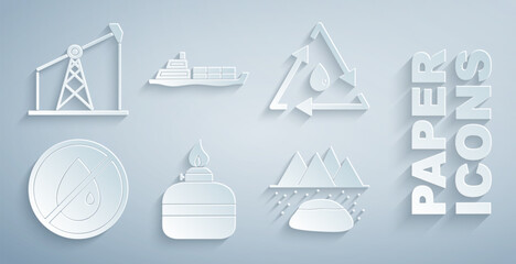Set Alcohol or spirit burner, Oil drop with recycle, No oil, Oilfield, tanker ship and pump pump jack icon. Vector