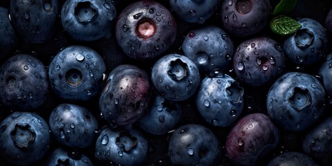 Top down view of fresh blueberries with waterdrops. AI Generative Art.