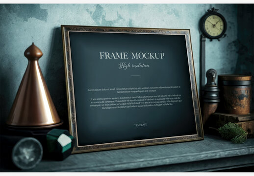 Enhance Your Home Decor With A Stylish Picture Frame, Clock, And Candle Holder Set On A Wall Shelf With Clocks And Shelves - Perfect For Any Room! Frame Mockup Template Generative AI