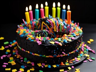A close-up of a birthday cake with colorful candles bg