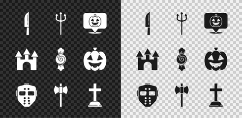 Set Knife, Neptune Trident, Pumpkin, Hockey mask, Wooden axe, Tombstone with cross, Castle and Candy icon. Vector