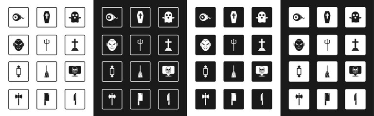 Set Ghost, Neptune Trident, Vampire, Eye, Tombstone with cross, Coffin, Skull and Candy icon. Vector
