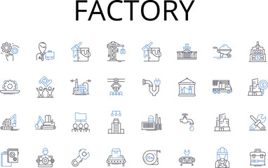 Factory line icons collection. Plantation, Workshop, Foundry, Forge, Assembly line, Manufacturer, Production house vector and linear illustration. Milling plant,Fabrication unit,Industrial site