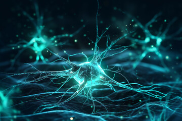 Neuronenzellen  - Neuronen im Gehirn auf mit - Synapse und Neuronenzellen senden elektrische chemische Signale with Generative KI - obrazy, fototapety, plakaty