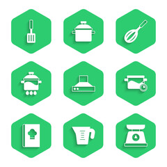 Set Kitchen extractor fan, Measuring cup, Scales, Cooking pot, Cookbook, whisk and Barbecue spatula icon. Vector