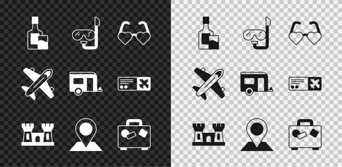 Set Whiskey bottle and glass, Diving mask snorkel, Heart shaped love glasses, Sand castle, Location, Suitcase, Plane and Rv Camping trailer icon. Vector