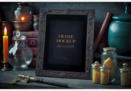 Stylish Table Decor: Picture Frame, Candle, And Mustard Jars With Glass Jar Mustard - Perfect For Home And Restaurant Use Frame Mockup Template Generative AI