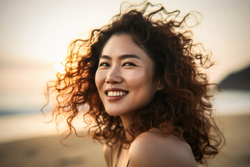 portrait of a fictional asian woman, smiling, during sunset at the beach
