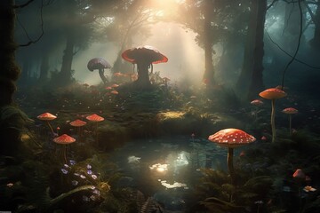 Fototapeta na wymiar A fantasy forest with flowers, mushrooms, and fog. Generative AI