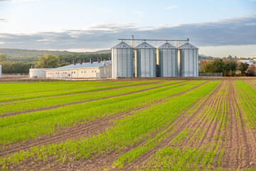 plowed field with silver silos and a farmhouse at the horizon