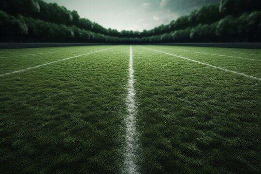 3D rendered illustration of an athletic wallpaper concept with a grass patterned soccer field in a football stadium background. Generative AI