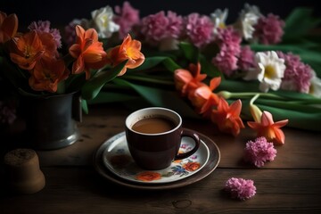 Fototapeta na wymiar Spring Flowers On Wooden Table, Coffee And Hot Beverage For A Calm Morning. Generative AI