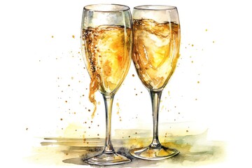Watercolor Illustration Of Two Glasses Of Champagne, Isolated On White. Generative AI