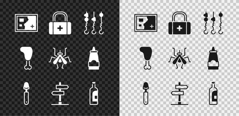 Set Folded map, First aid kit, Grilled shish kebab on skewer, Spoon, Road traffic sign, Bottle of wine, Chicken leg and Mosquito icon. Vector