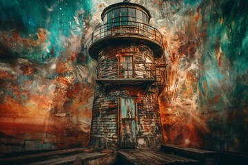 Pop art and impressionism combined in weathered lighthouse with decaying paint. Keywords: weathered, lighthouse, pop art, impressionism, decaying, paint, ink, mixed, alcohol, old. Generative AI