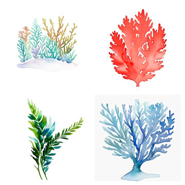 Hand drawn watercolor sea themed elements. Illustration generative ai isolated on white background. Watercolor sea coral and seaweed clipart.