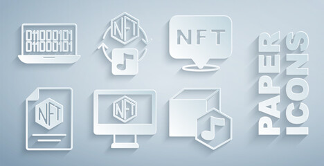 Set Monitor with art store app, NFT Digital crypto, contract, and Binary code icon. Vector