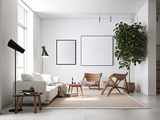 Interior living room wall mockup with gray, leather and wood furniture and decor on light background.