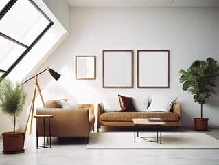 Fototapeta premium Interior living room wall mockup with sofa and light grey, brown and wood decor on white background.