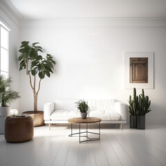 Interior living room wall mockup with sofa and light grey, brown and wood decor on white background.
