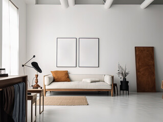 Interior living room wall mockup with gray, leather and wood furniture and decor on light background.