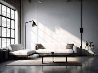 Interior living room wall mockup with light grey, brown and wood sofa and decor on grey background.