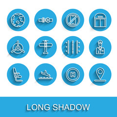 Set line Airplane seat, Plane landing, Worldwide, Helicopter pad, Location, Pilot and Airport runway icon. Vector