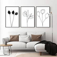 Interior living room wall mockup with light grey, brown and wood sofa and decor on white background.