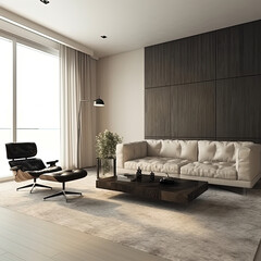 Interior living room wall mockup with light grey, brown and wood sofa and decor on white background.