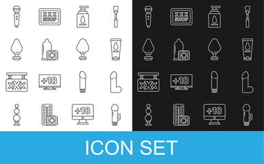 Fototapeta na wymiar Set line Dildo vibrator, Personal lubricant, Condom, Anal plug, and icon. Vector
