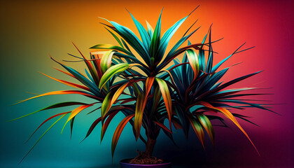 Fototapeta na wymiar Dracaena in a pot on a colorful background. Vibrant plant in a burst of color constantly changing world. Ai generated.