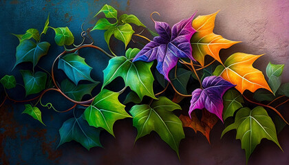 Demon ivy leaves in a colorful background. Vibrant plant in a burst of color constantly changing world. Ai generated.