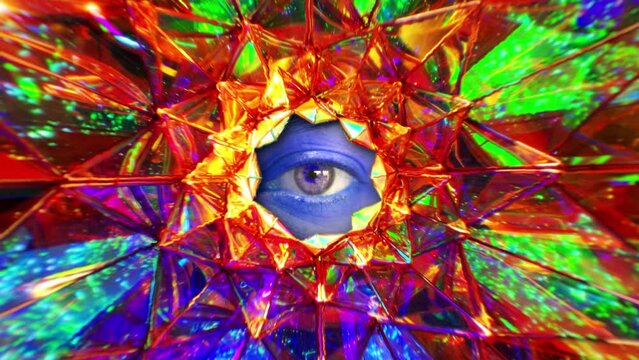 Multicolored Eye Spy Star Mandala Spectrum Surreal Scene. Weird eye stare inside a multicolored star mandala, surreal background. Zoom in