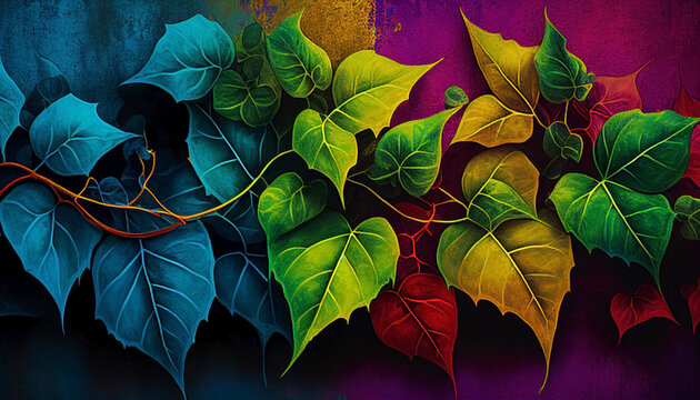 Demon ivy leaves in a colorful background. Vibrant plant in a burst of color constantly changing world. Ai generated.