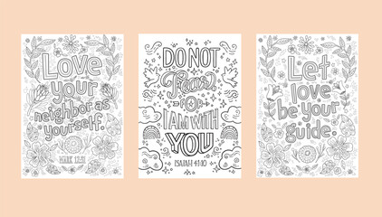 Fototapeta na wymiar Set of Christian religious coloring pages for children and adults. Bible verses. Emotional support during crisis times. Printable lettering illustration, modern typography. Adult coloring, hobby.