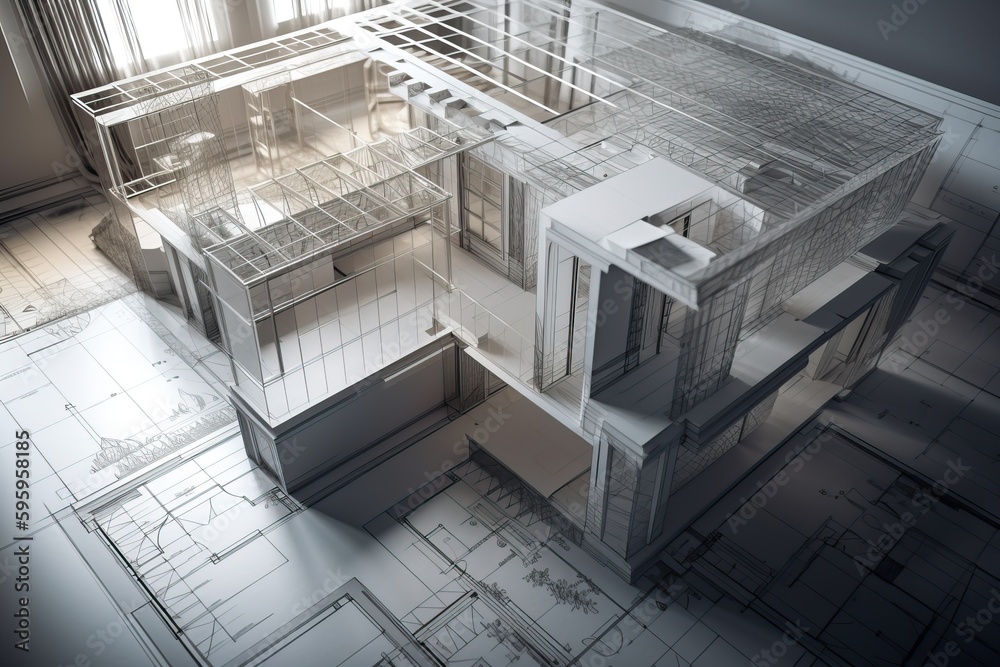 Poster Architecture 3D and blueprints representation, generative ai