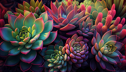 Different types of succulents all together on a colorful background. Vibrant plant in a burst of color constantly changing world. Ai generated.