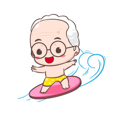 Cute grandfather cartoon character. Grandpa surfing on the wave. Summer holiday concept design. Isolated white background. Vector art illustration