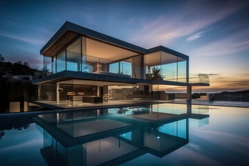 Fototapeta premium Modern luxury home with pool and garden at blue hour, generative ai