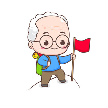 Cute grandfather cartoon character. Grandpa hiking and holding flag on top mountain. Sport and recreation Concept design. Isolated white background. Vector art illustration