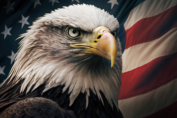 American bald eagle symbol of power, american flag, world leader, generative ai