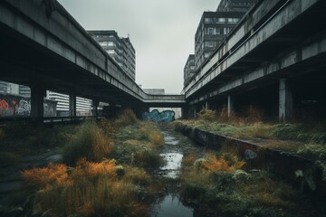 Gloomy urban landscape with concrete and rusted brutalist structures. Generative AI