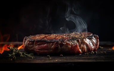 Savoury meat steak cooking on the dark stone with flames generative AI