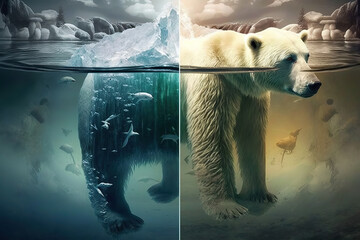 Polar Bear standing on melting ice cap, climate change and global warming concept,survival or extinction concept,  ai generative	
