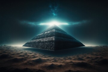 Futuristic dark pyramid hovering over surface of Earth in sci-fi setting Fantasy concept , Illustration painting. Generative AI