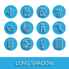 Set line Jam jar, Plant, Corn, Tree with apple, Pack full of seeds of plant, Garden hose, Sickle and Water tower icon. Vector