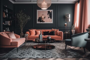 Luxurious living space with eclectic Art Deco style featuring a black and salmon color scheme. Generative AI