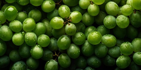 Top down view of fresh green grapes with waterdrops. AI Generative Art.