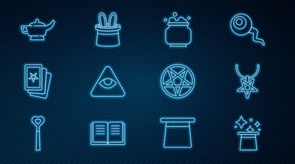 Fototapeta premium Set line Magic hat, Pentagram on necklace, Witch cauldron, Masons, Three tarot cards, lamp or Aladdin, circle and Magician and rabbit ears icon. Vector
